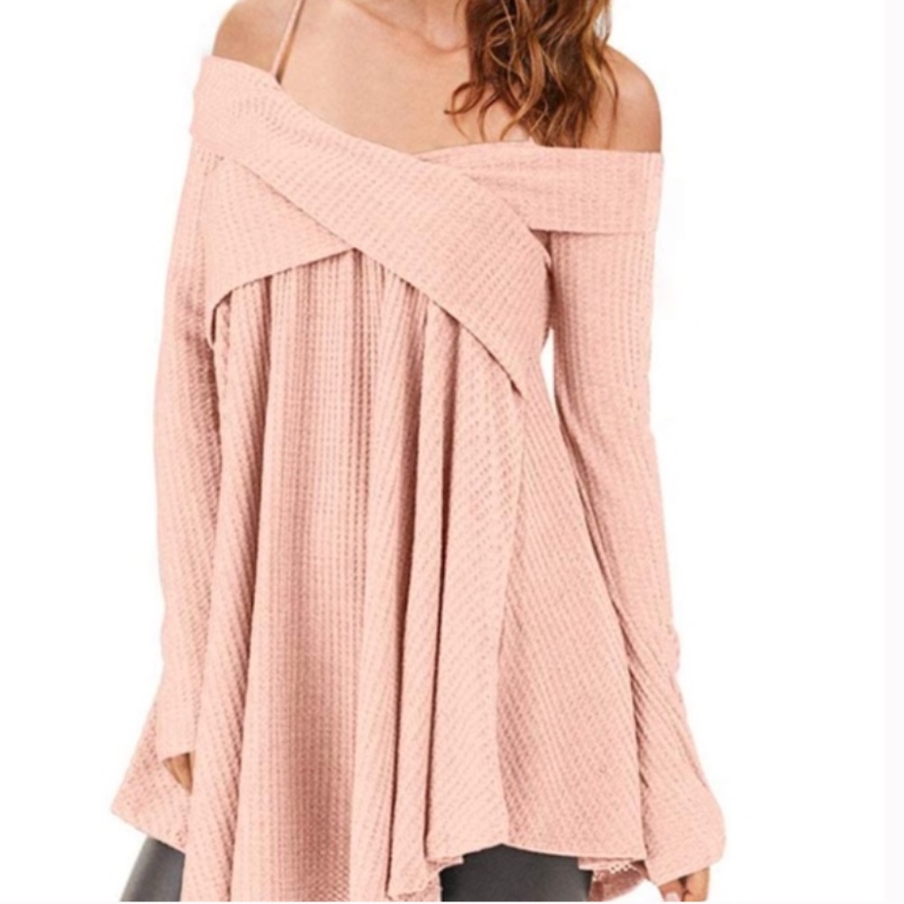 Open Shoulder Crisscross Tunic Sweater, Pig pink
